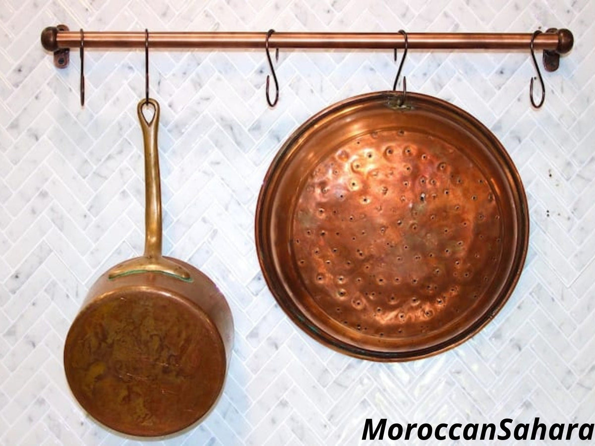 Copper Pot Rack: Rustic Wall Mount with Brass "S" Hooks