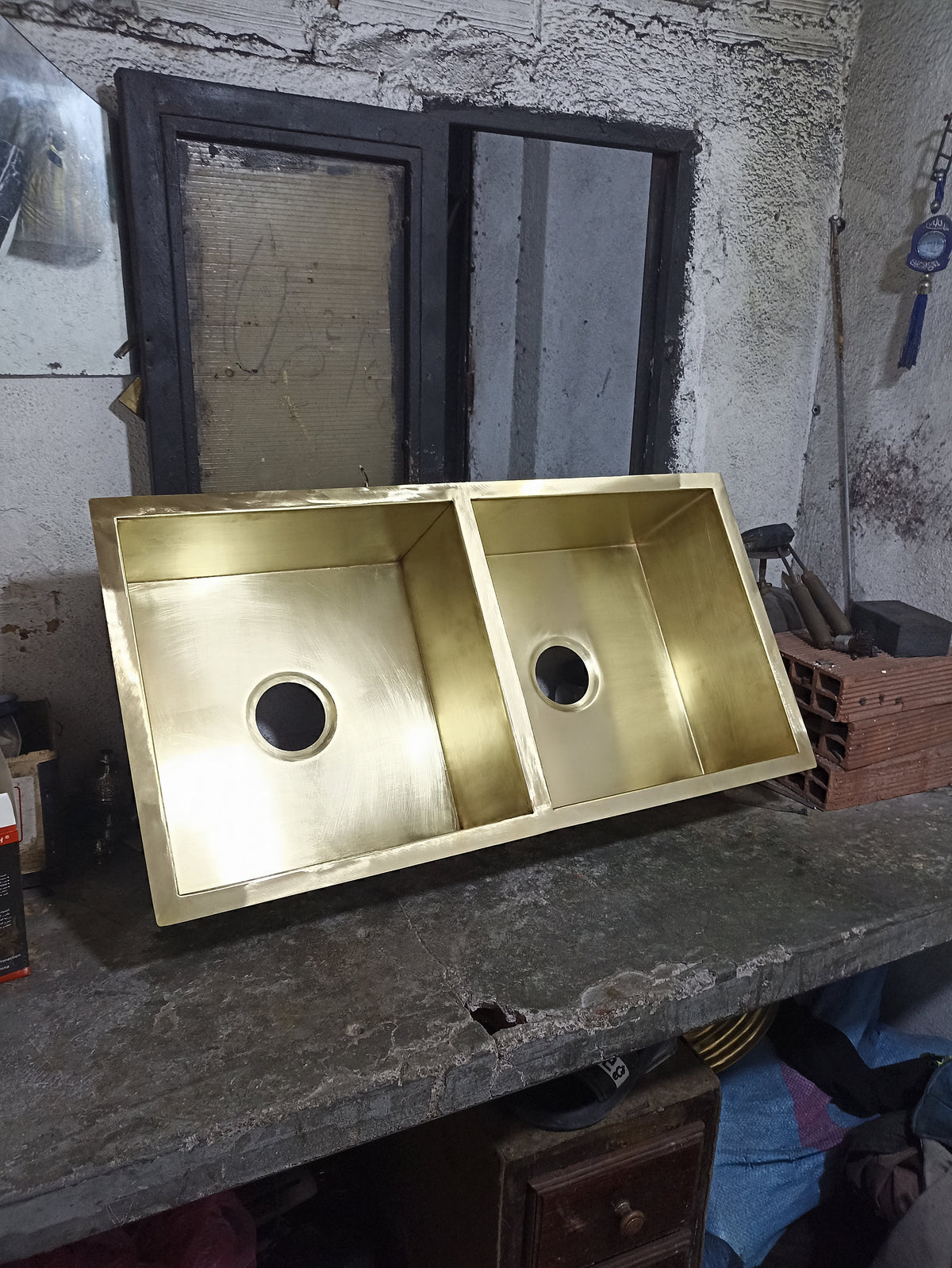 Solid Unlacquered Brass Undermount Double Sink