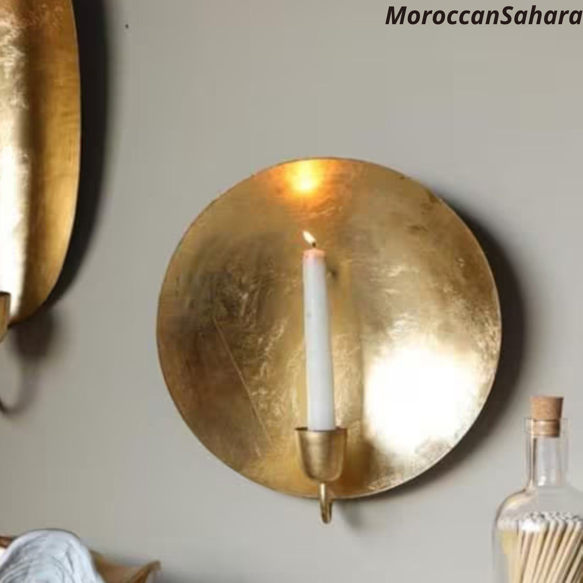 Set of 2 : Round brass Gold Leaf Candlestick Holder Wall Sconce,candle sconce, Gift