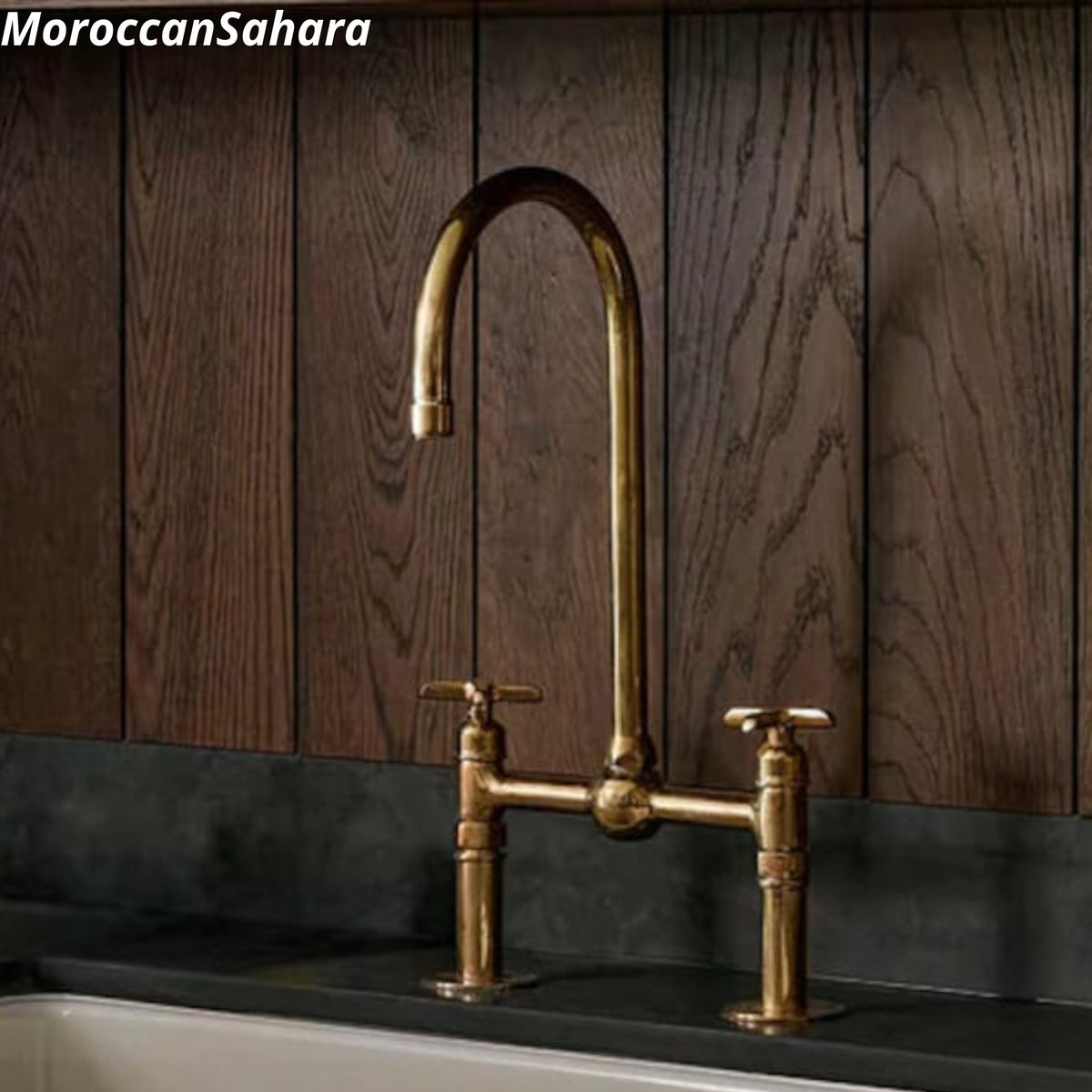 Unlacquered Brass Bridge Kitchen Faucet: Gooseneck, Cross Handles