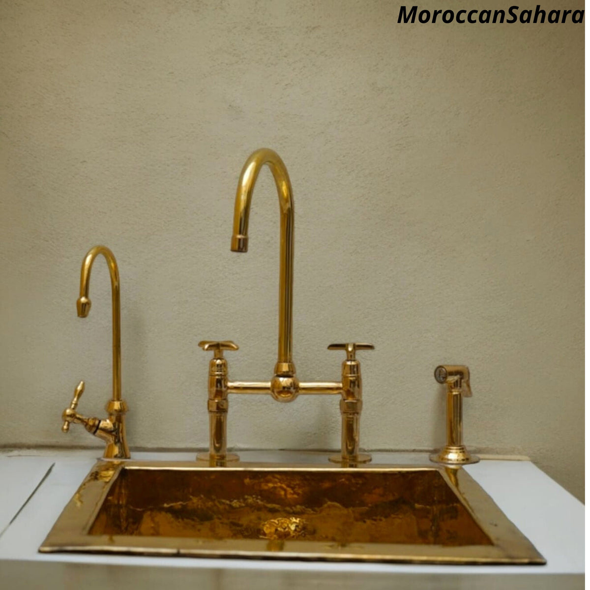 Unlacquered Brass Bridge Kitchen Faucet: Antique Style with Sprayer
