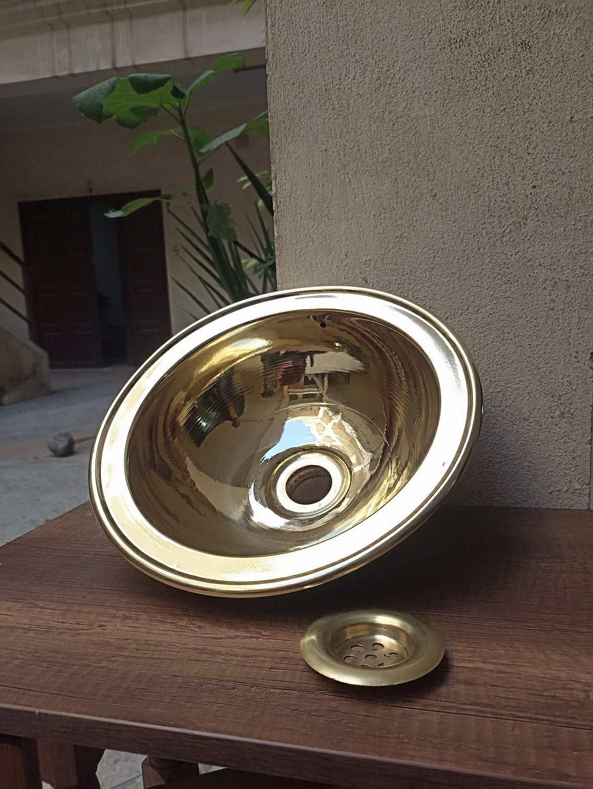 Engraved-Rim Round Brass Basin, Antique Brass