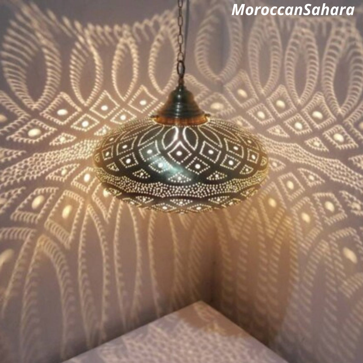 Hand-Engraved Moroccan Brass Pendant Light: Boho Bedroom Lighting