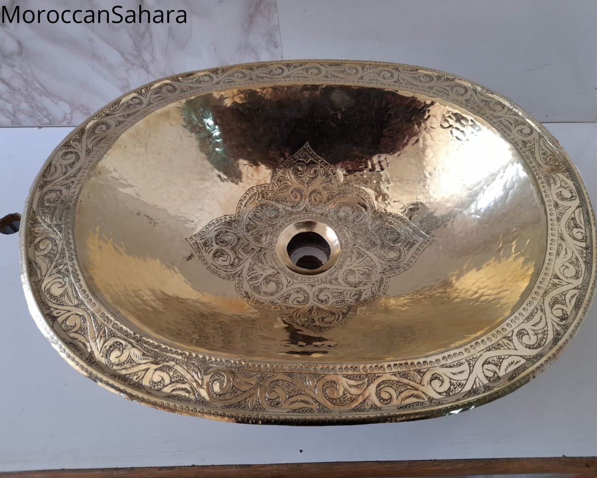 Engraved Brass Bathroom Sink: Oval Drop-in, Moroccan Design