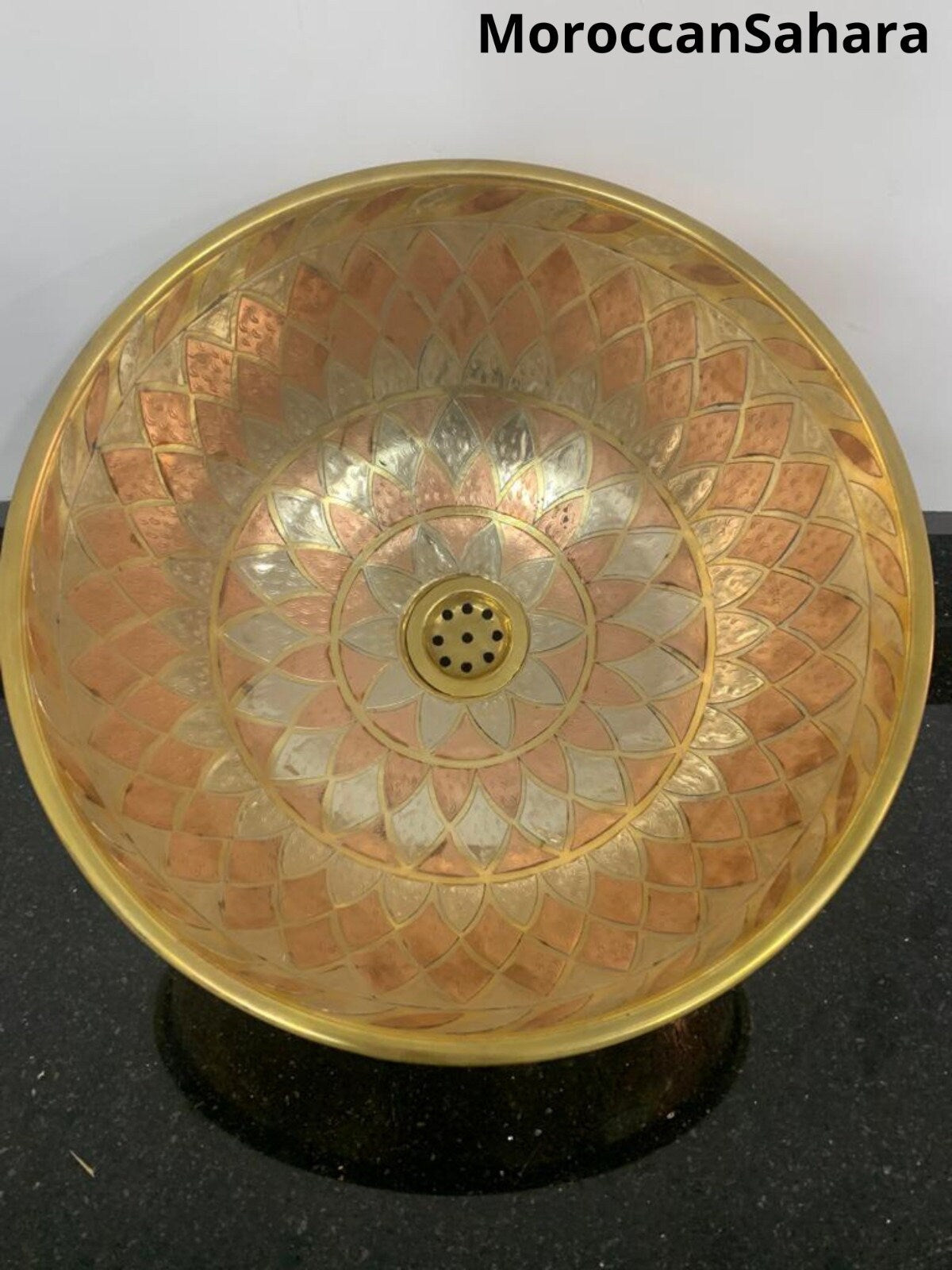 Engraved Brass Vessel Sink: Vintage Moroccan Bathroom Decor