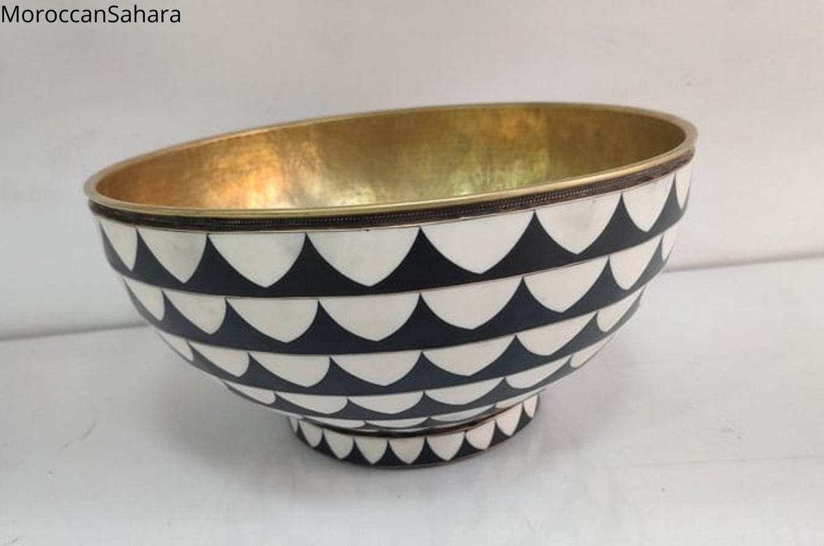 Handmade Moroccan Brass Vessel Sink: Black & White Resin Bathroom Bowl
