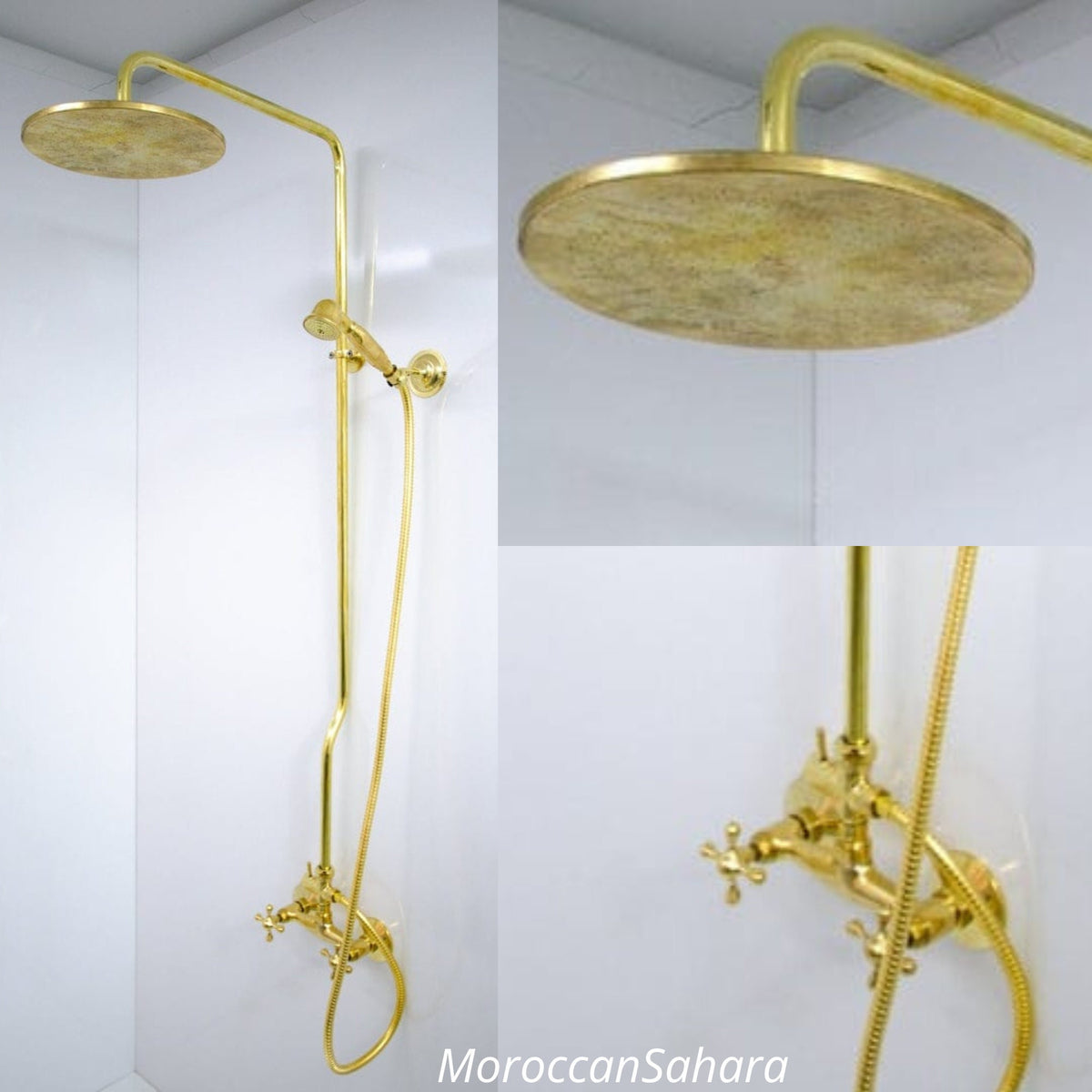 Unlacquered Solid Brass Shower System: Exposed Pipe, Handheld Shower