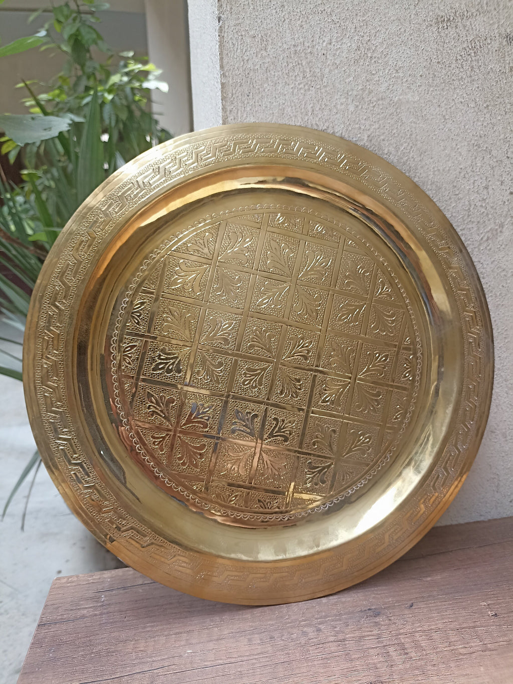 Authentic Moroccan Handcrafted Brass Tray - Intricately Engraved Moroccan Round Brass Tray - Solid Brass Artisanal Masterpiece