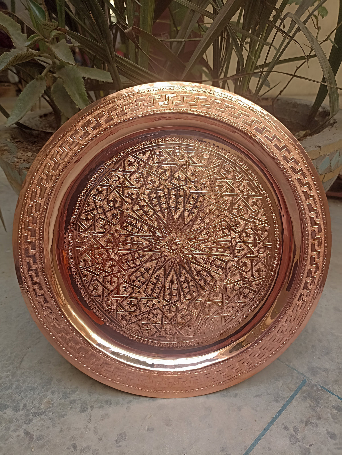 Moroccan Handcrafted Copper Tray - Authentic Moroccan Tea Serving Tray - Engraved Copper Kitchen Essential.