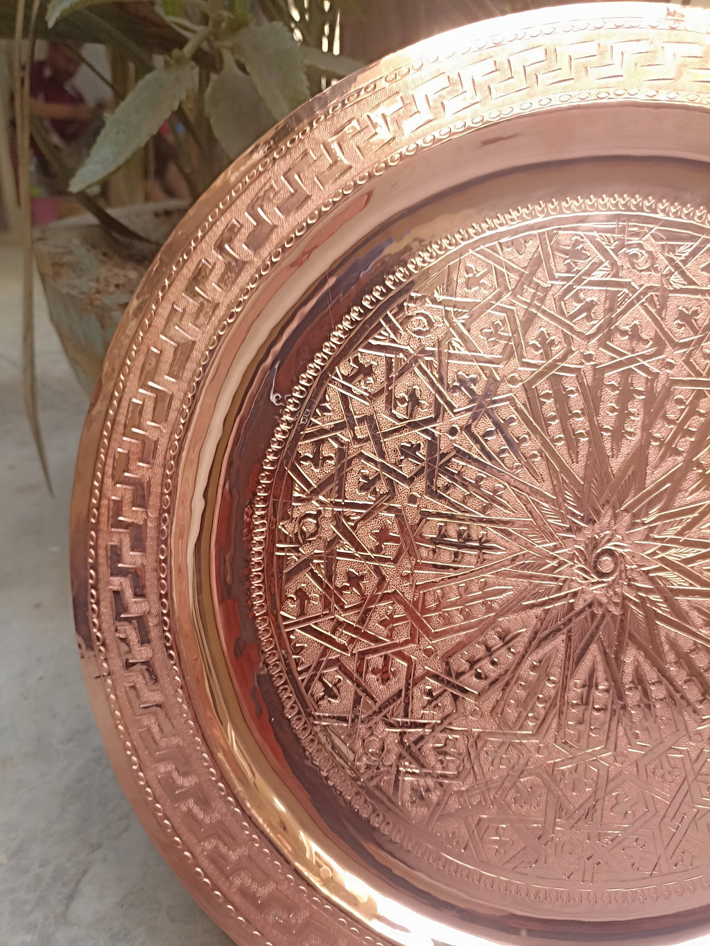Moroccan Handcrafted Copper Tray - Authentic Moroccan Tea Serving Tray - Engraved Copper Kitchen Essential.
