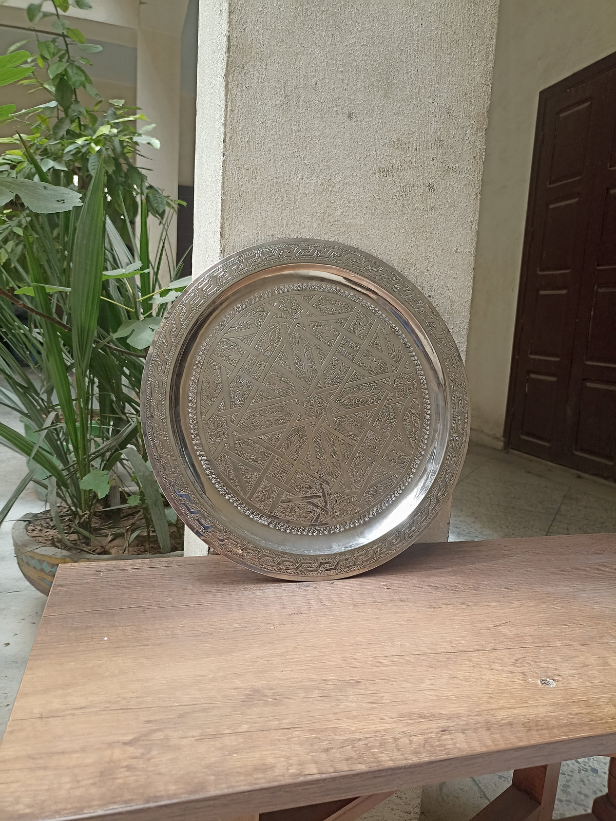 Hand- Silver Brass Tray- Moroccan Mosaic Serving Tray - Artisanal Tea Tray Decor - Authentic Engraved Kitchen Essential - Unique design.