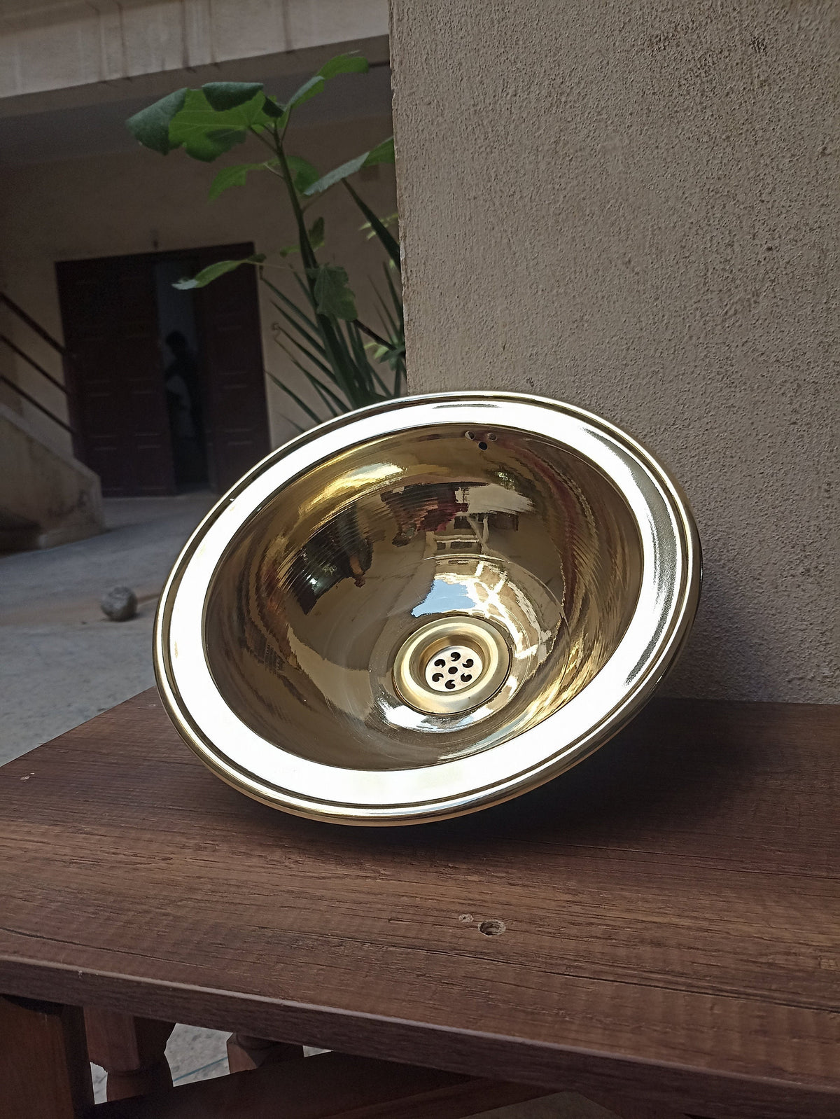 Engraved-Rim Round Brass Basin, Antique Brass