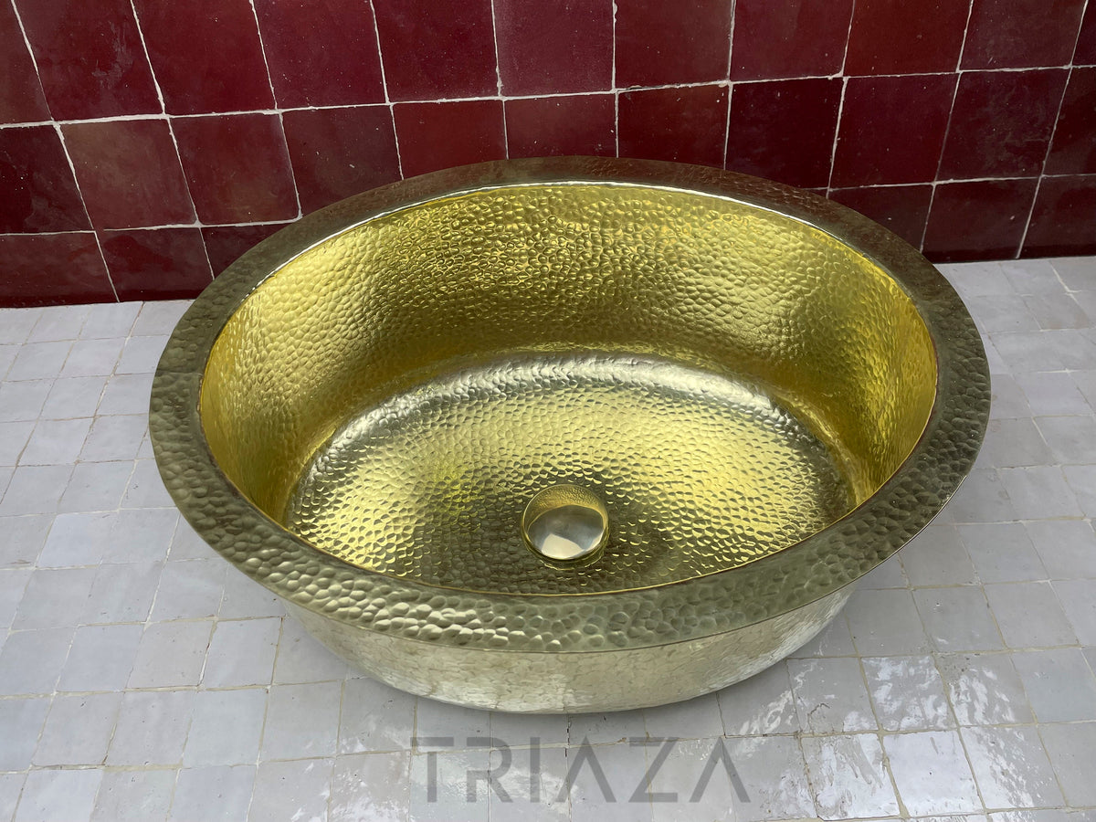 Handmade Oval Brass Bathroom Sink, Unlacquered Hammered Finish