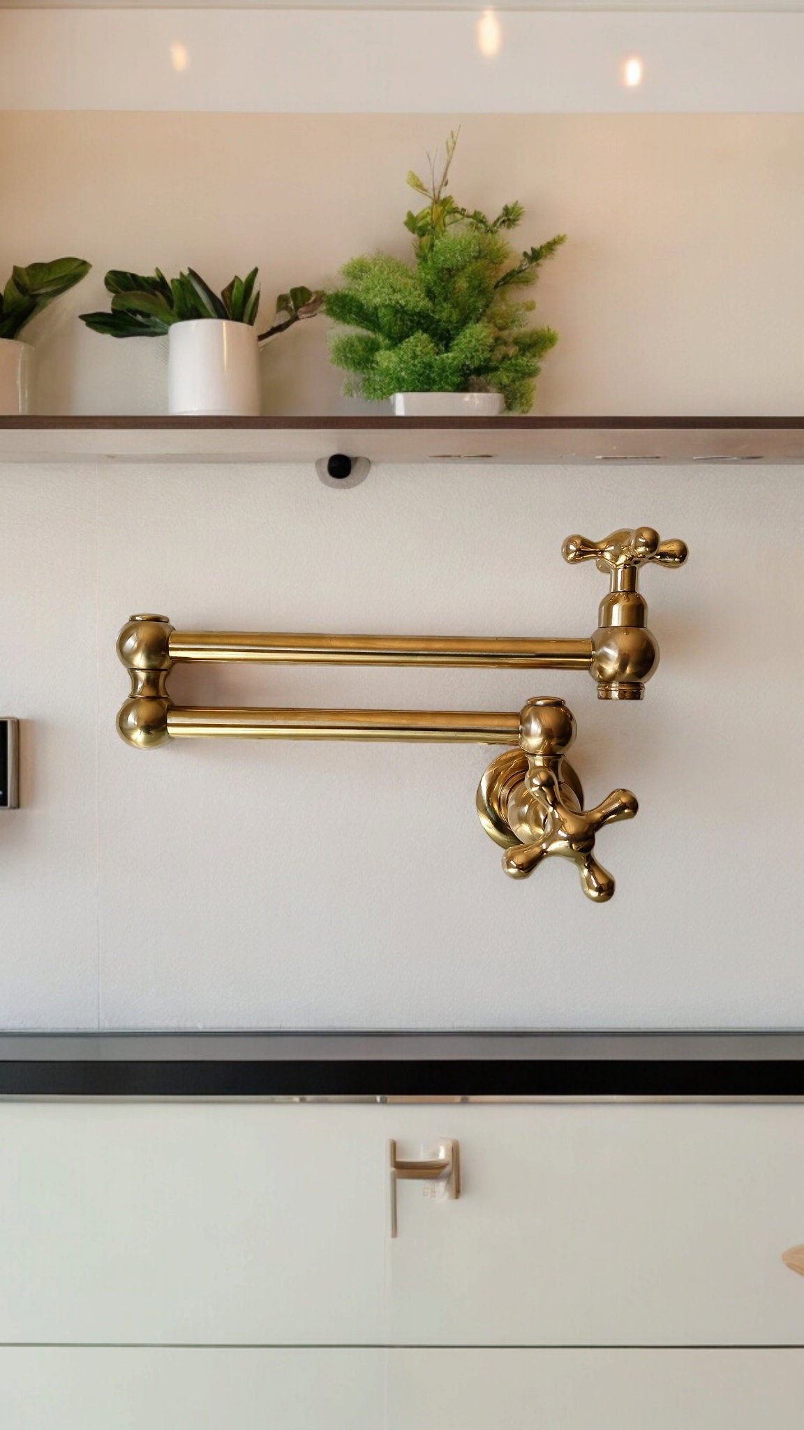 Unlacquered Brass Pot Filler, Cross Handle Wall-Mounted Kitchen Faucet
