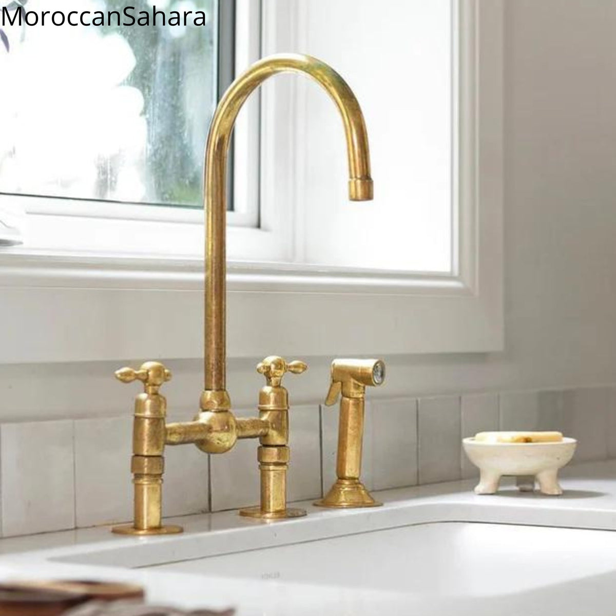 Unlacquered Brass Kitchen Faucet, Center ball Bridge Sink Faucet with Sprayer, Duty-Free