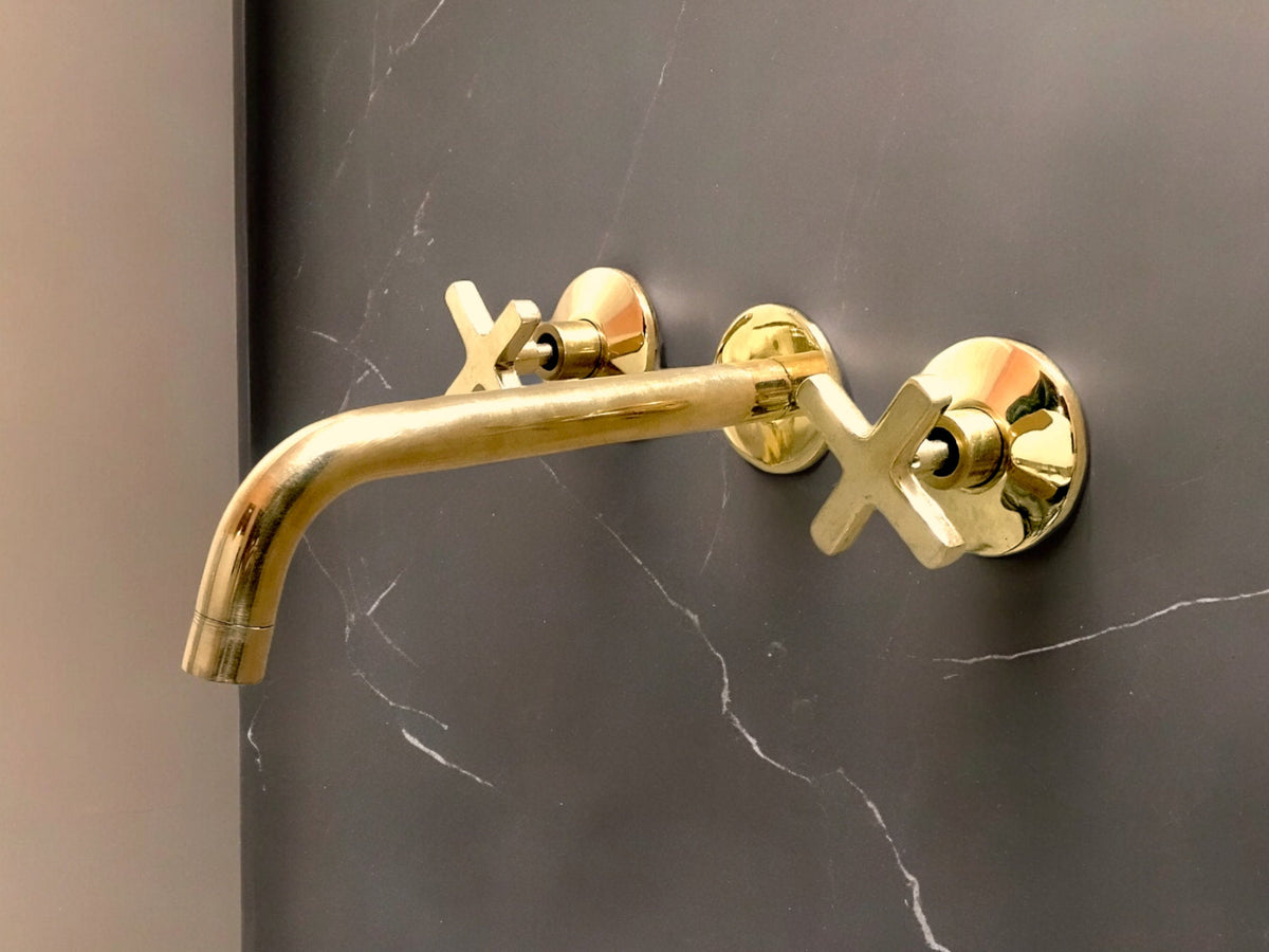 Unlacquered Brass Wall Mount Faucet: Bathroom Tub Filler, 8-Inch Spread