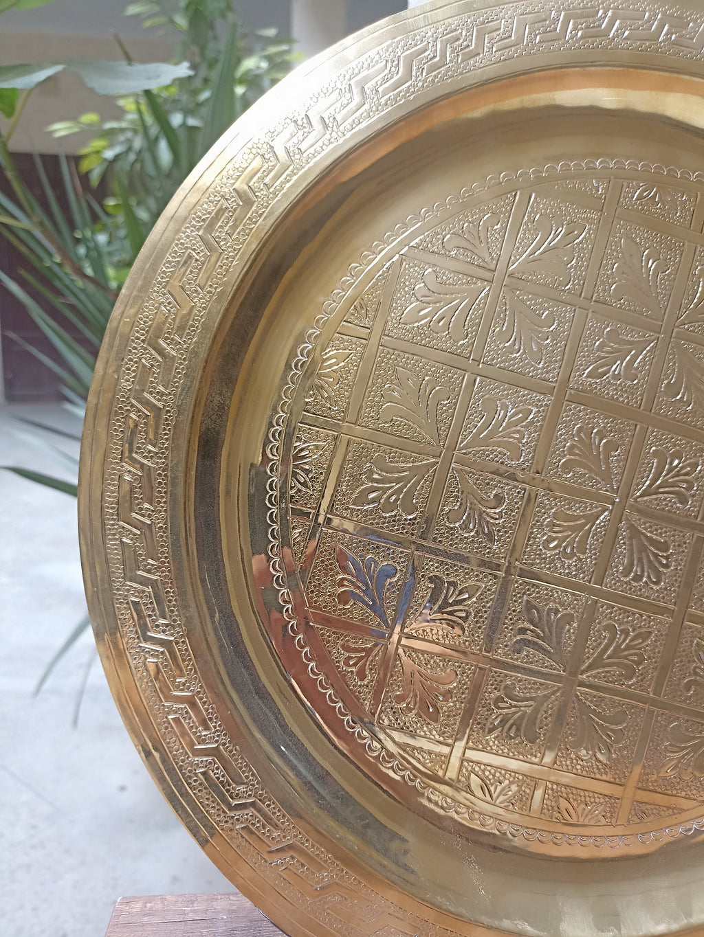 Authentic Moroccan Handcrafted Brass Tray - Intricately Engraved Moroccan Round Brass Tray - Solid Brass Artisanal Masterpiece