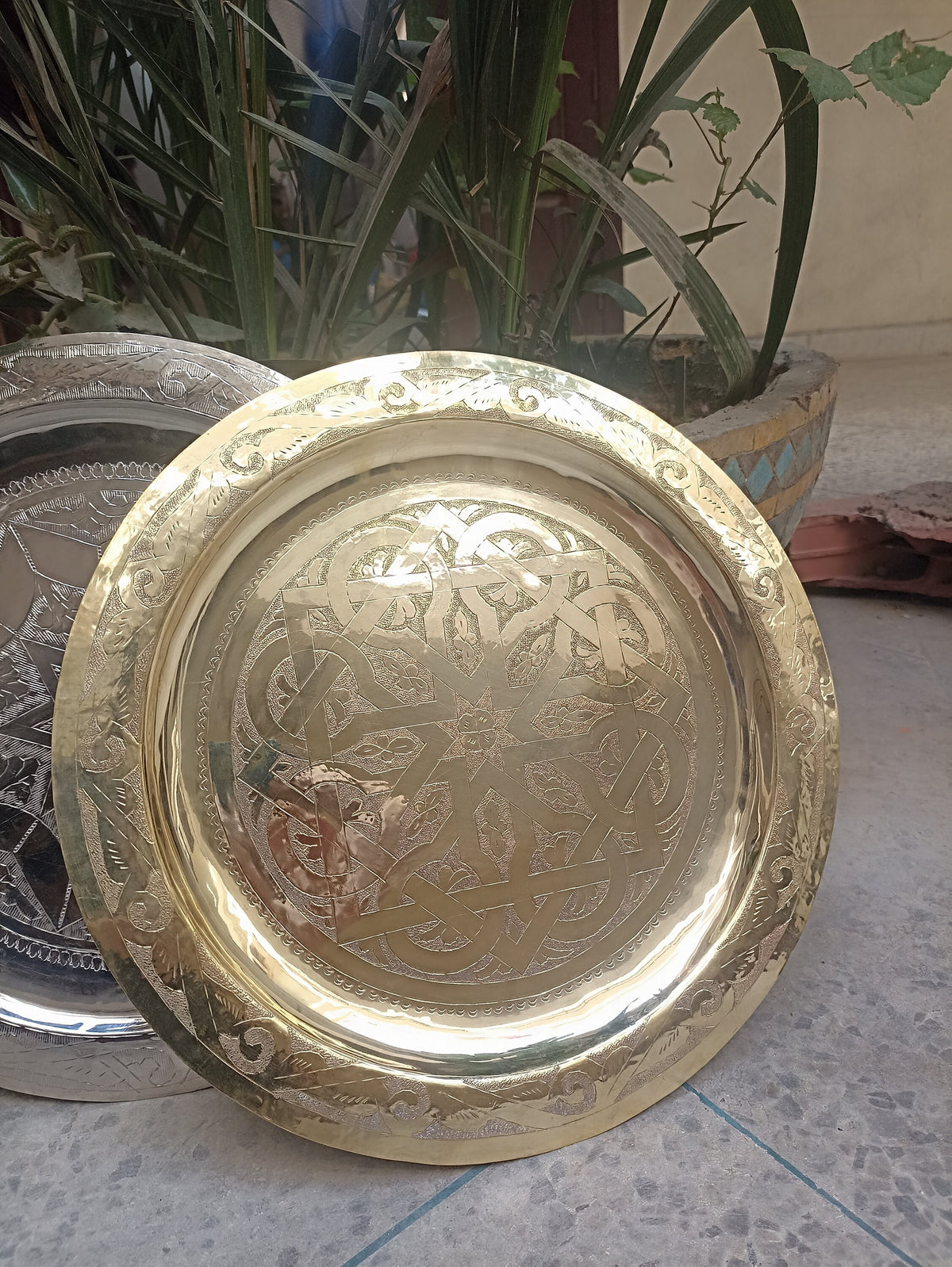 Moroccan Artisanal Engraved Brass Tray - brass Serving Tray with Artisanal gold or silver finish Decoration - Unique Silver or brass Finish.