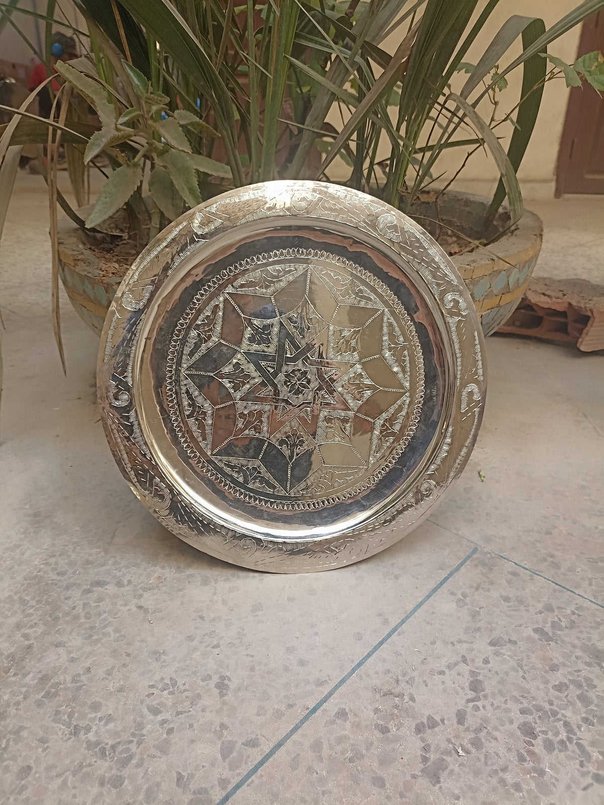 Moroccan Artisanal Engraved Brass Tray - brass Serving Tray with Artisanal gold or silver finish Decoration - Unique Silver or brass Finish.