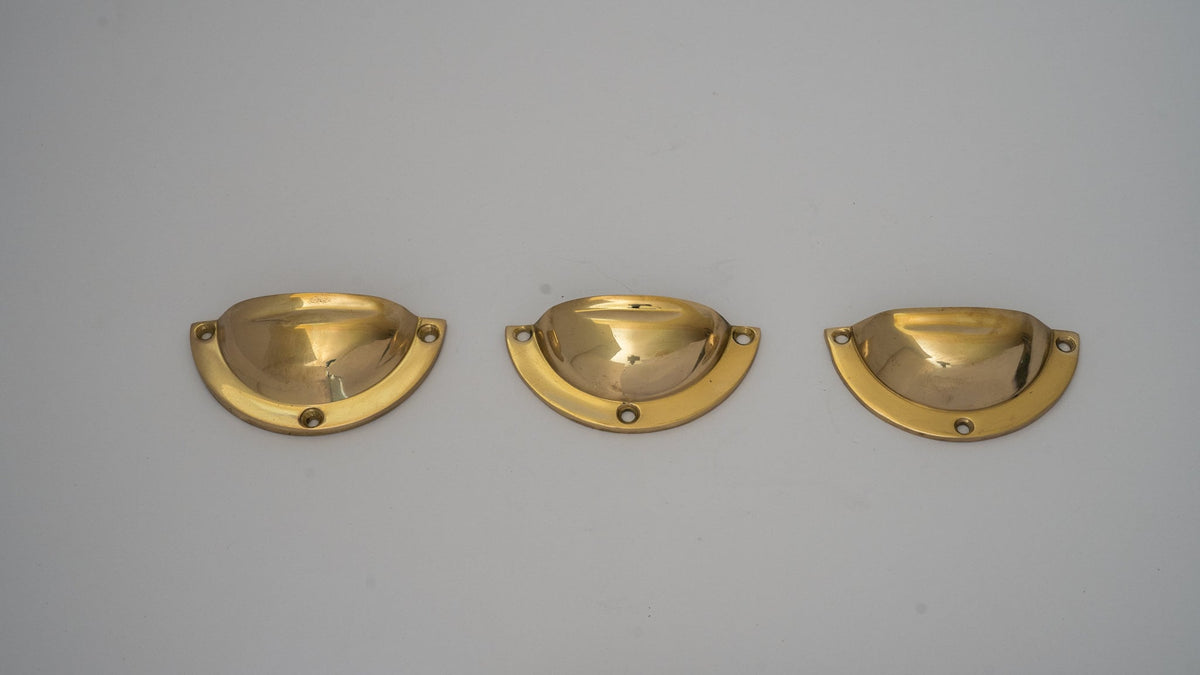 x3 Brass Kitchen Cup Handles, Handmade Cabinet Knobs, Unlacquered Brass Cup Pull Handles (Pack of 3)