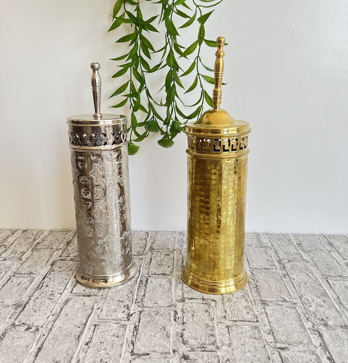 Handcrafted Antique Brass Toilet Brush Holder: Moroccan Bathroom Decor