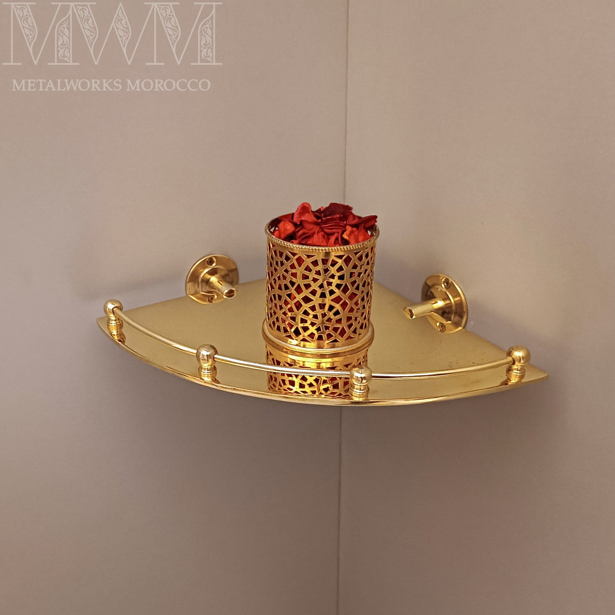 Solid Brass Corner Shelf With Rail Wall Mounted – Handmade
