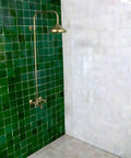 Unlacquered Brass Shower System, Round Shower Head, Exposed Pipe