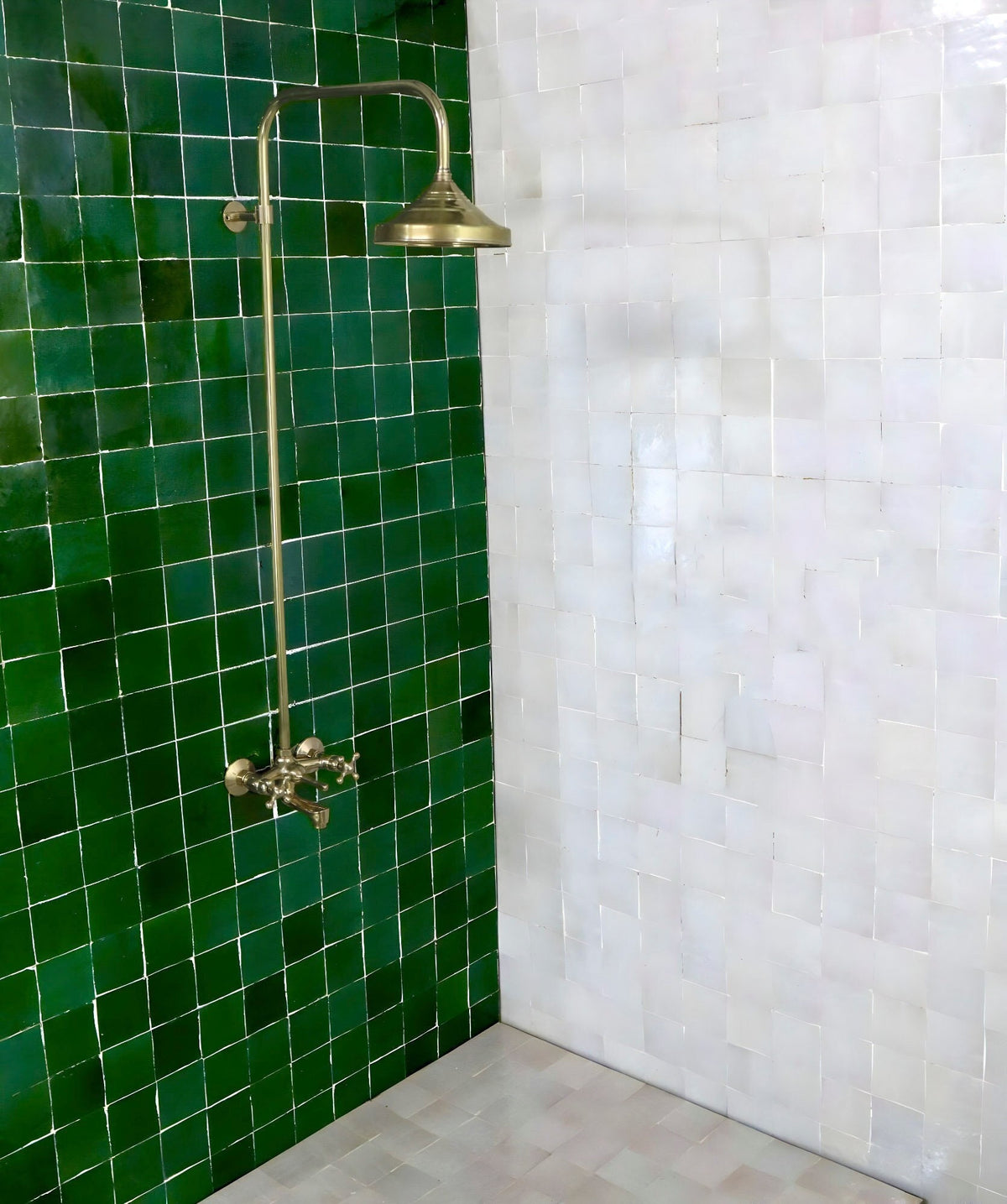 Unlacquered Brass Shower System, Round Shower Head, Exposed Pipe