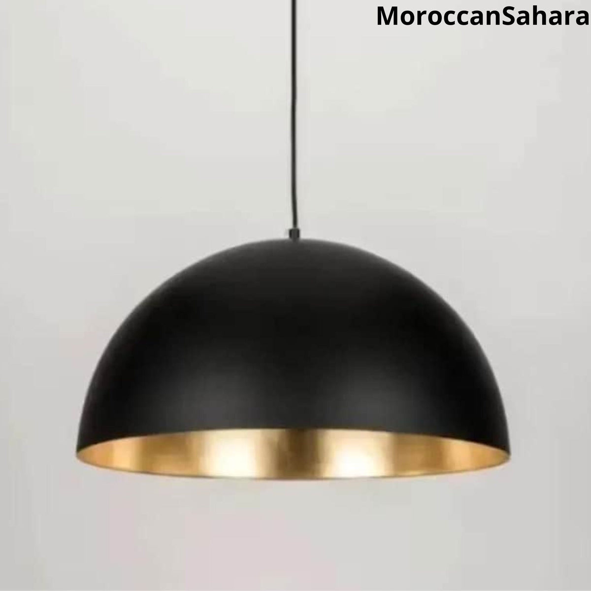 Black Dome Pendant Light with Brass Inlay: Moroccan Hanging Lamp