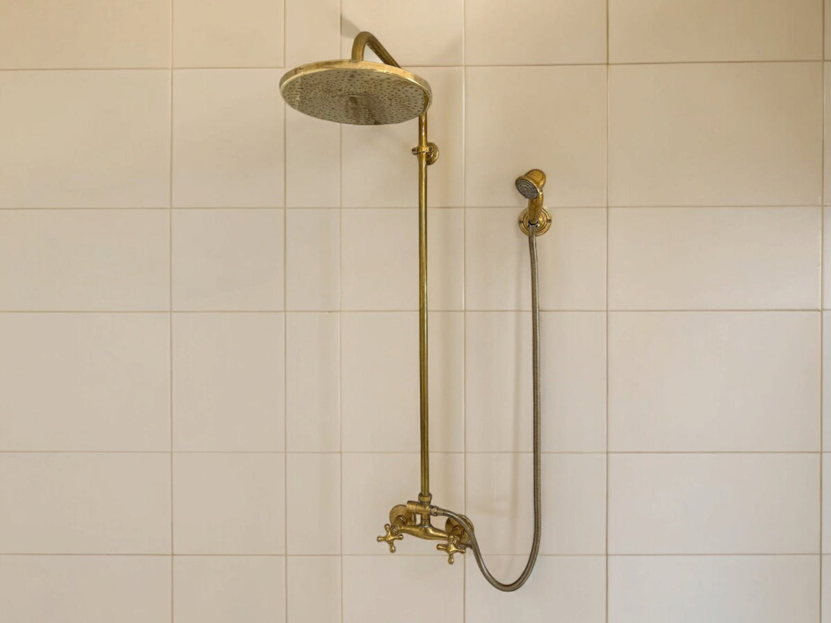 Antique Brass Exposed Pipe Shower System, Handheld Spray, Outdoor Shower Faucet