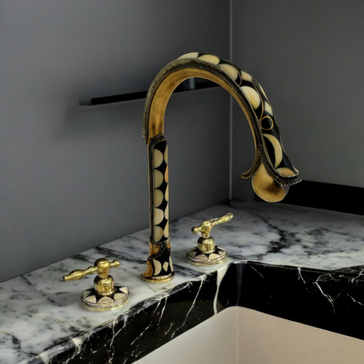 Unlacquered Brass 3-Hole Bath Faucet: Resin and Bone Accents