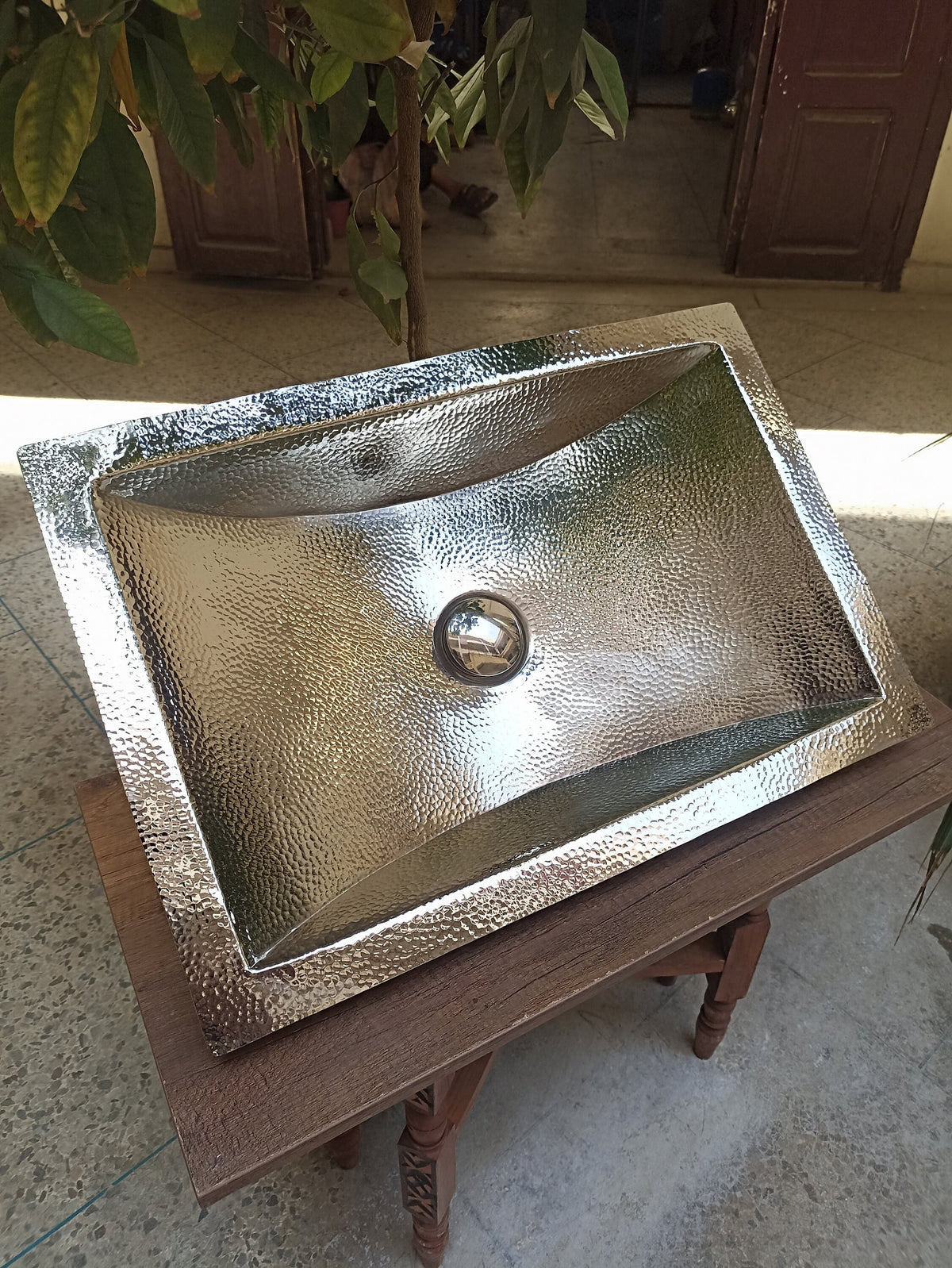 Handcrafted Hammered Brass Sink with Silver Finish - Elegant Rectangular Undermount Design for Kitchen and Bathroom .
