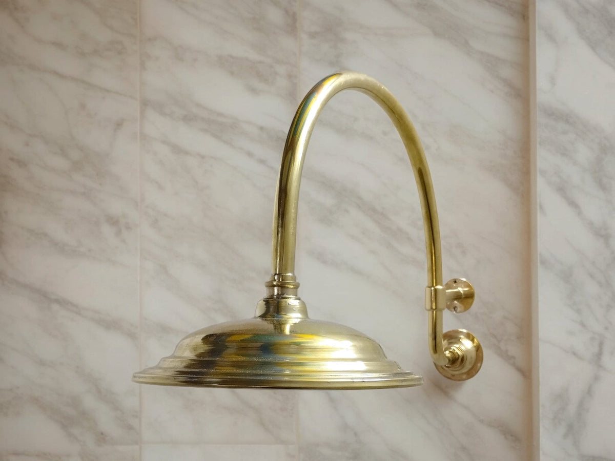 Unlacquered Solid Brass Shower Round ShowerHead, Curved Shower Head Arm