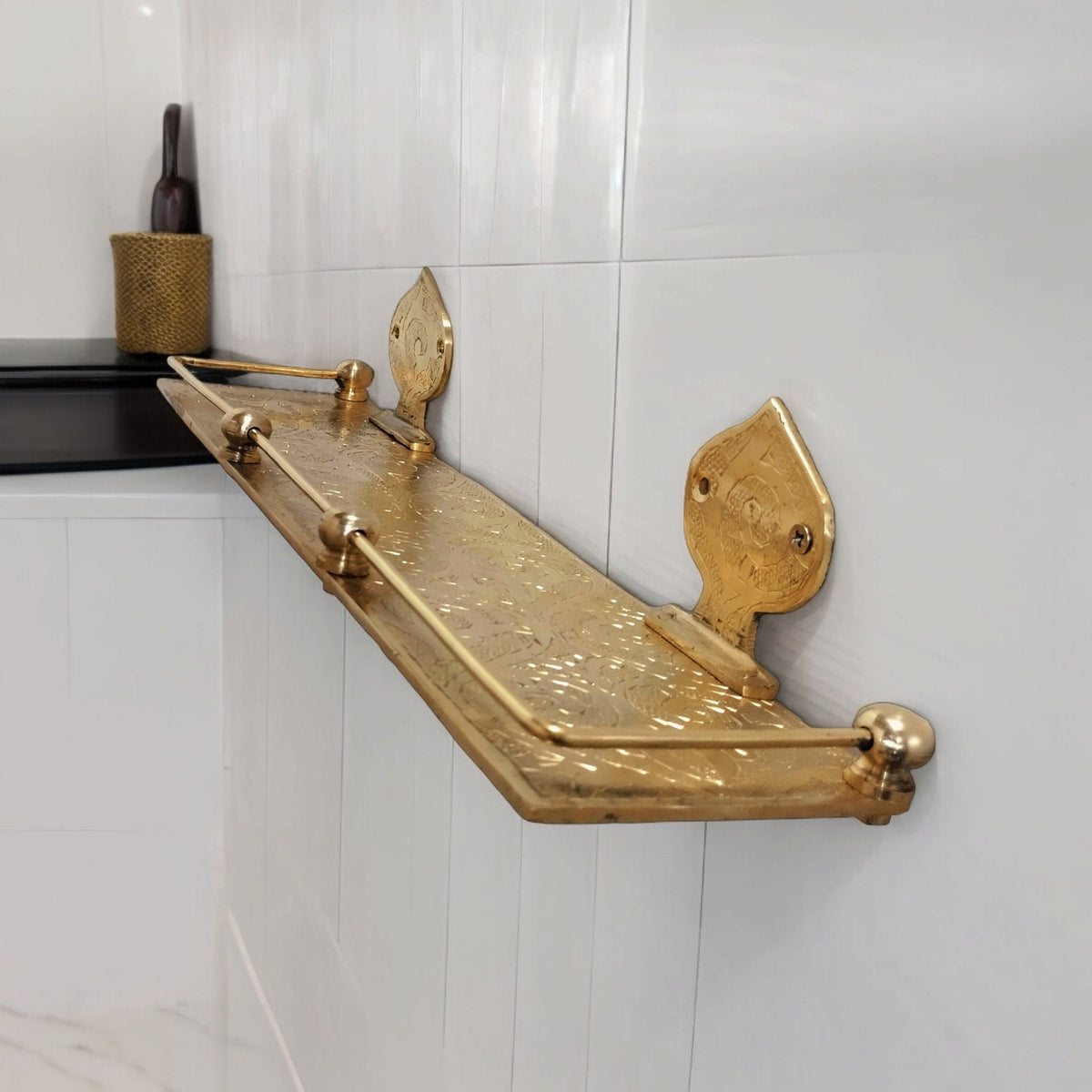 Engraved Brass Bathroom Shelf: Moroccan Handmade Wall Decor, 15 inch