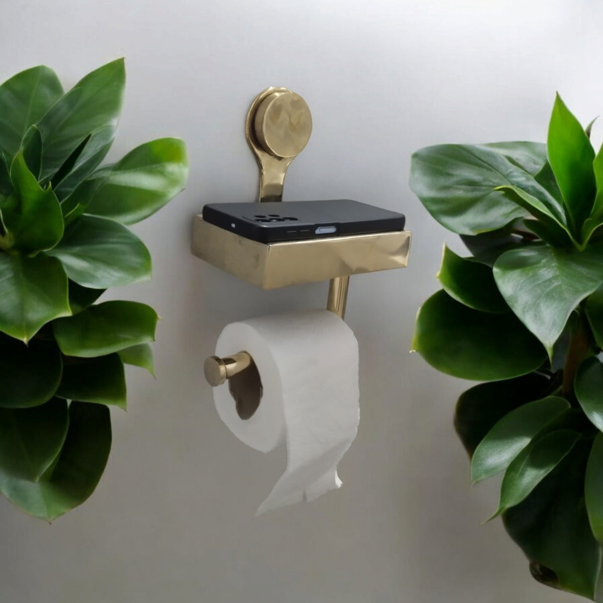 Handmade Unlacquered Brass Toilet Paper Holder with Phone Shelf