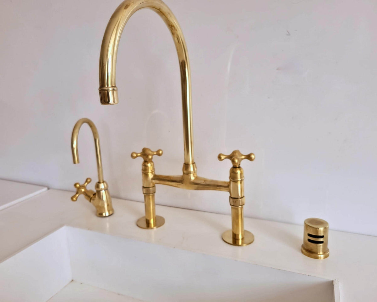 Farmhouse Brass Kitchen Faucet – Unlacquered Bridge Tap with Optional Cold Water Faucet – Handmade Vintage Sink Mixer – 