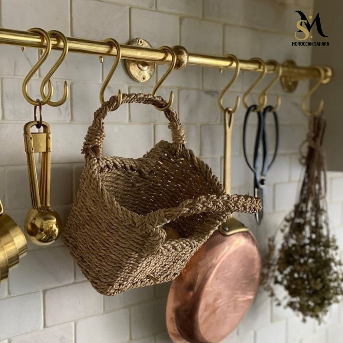 Unlacquered Brass Pot Rail, Kitchen Organizer, Wall Mounted Pot Rack Rod With S Hooks, Hanging Pot And Pan
