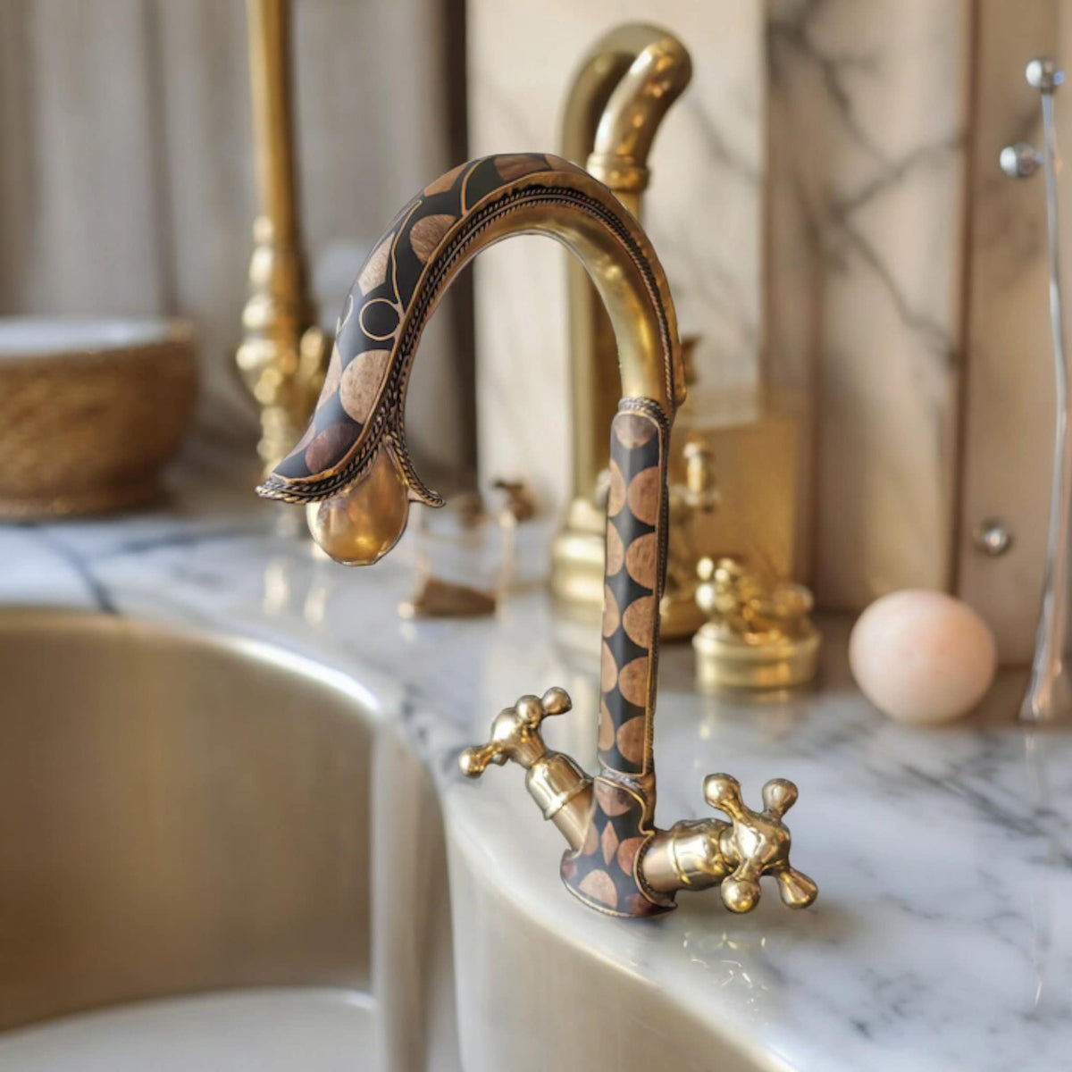 Unlacquered Brass Bathroom Faucet Adorned With Resin And Moroccan Walnut Wood