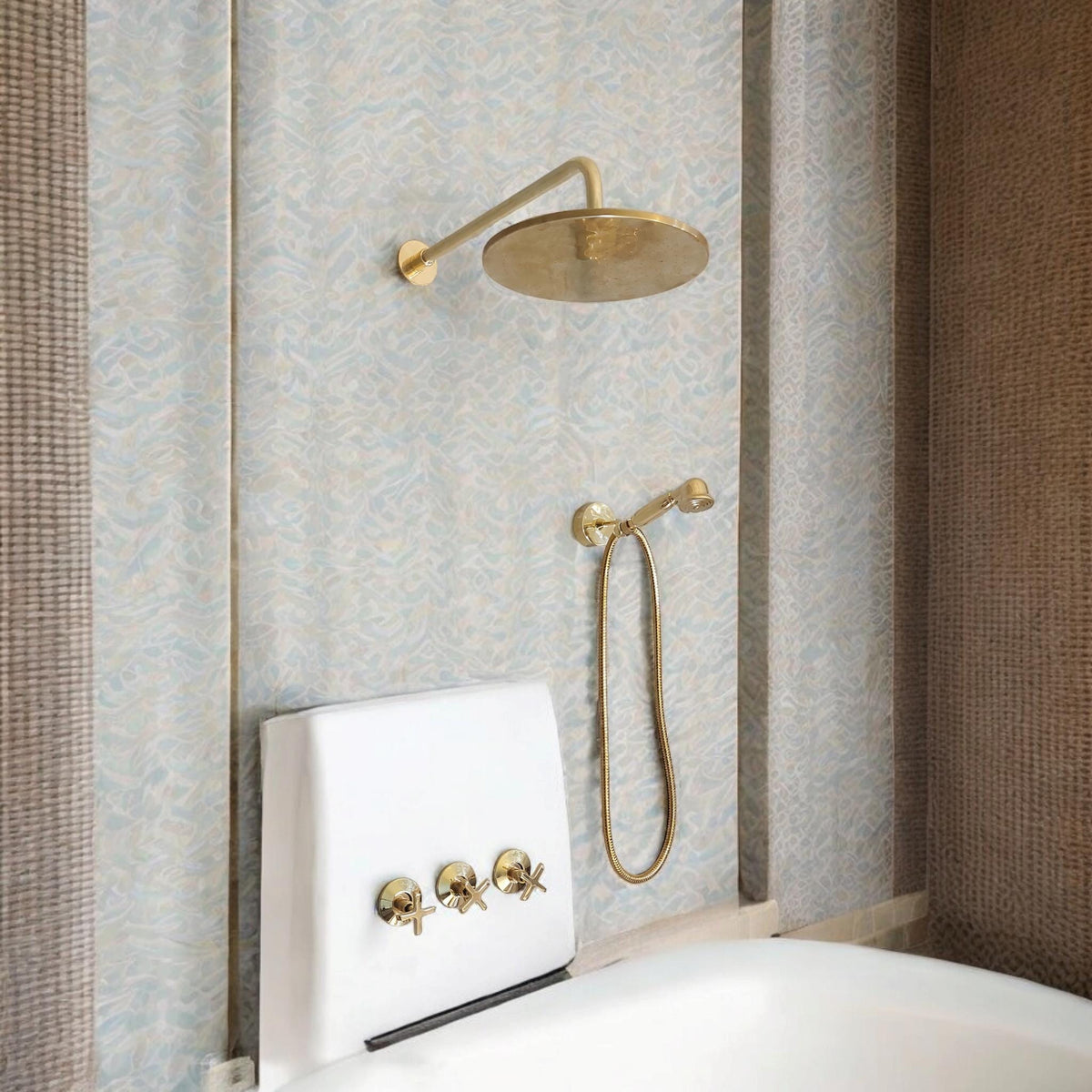 Unlacquered Brass Shower Set: Round Shower Head & Handheld