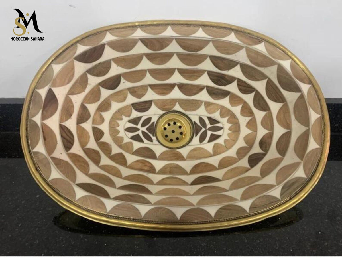 Solid Brass Oval Bathroom Sink - Handmade Sink Studded With Wood And White Resin