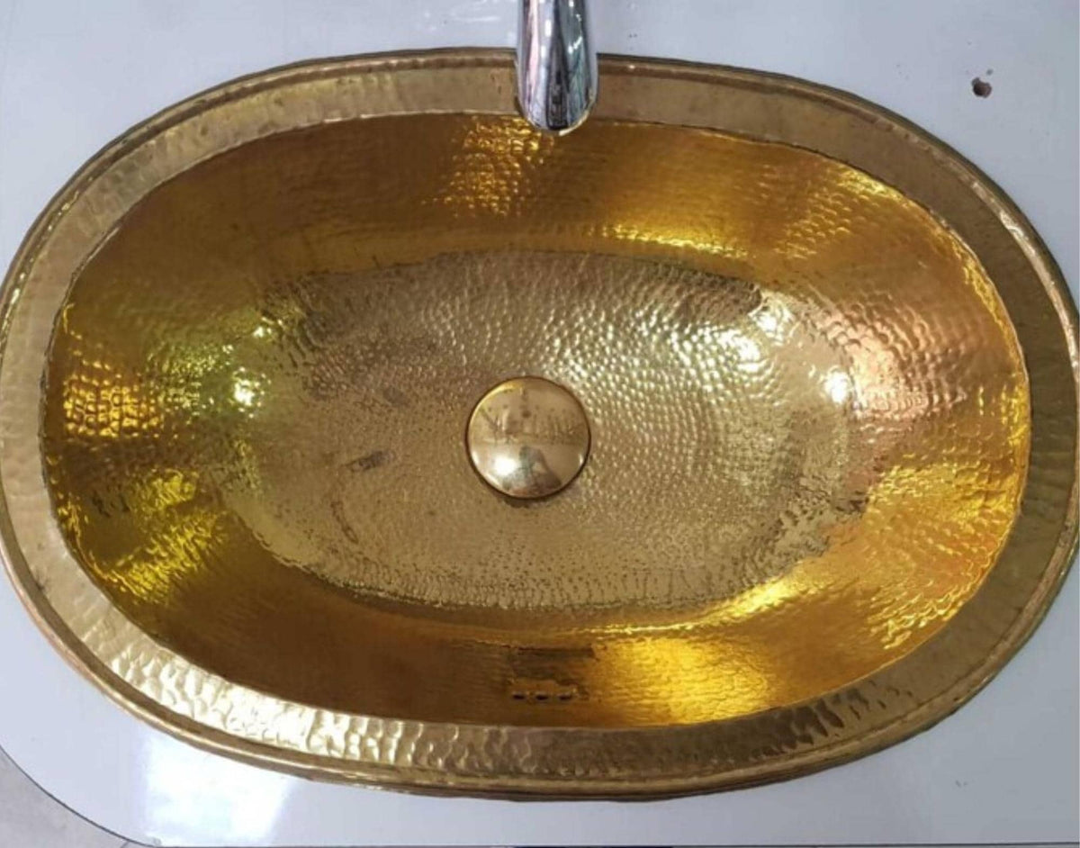 Unlacquered Brass Oval Bathroom Sink: Hammered Gold Finish
