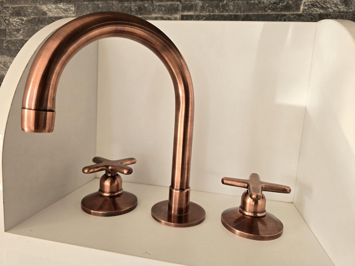 Solid Copper Faucet Set – Handmade Two-Handle Bathroom Faucet with Cross Handles