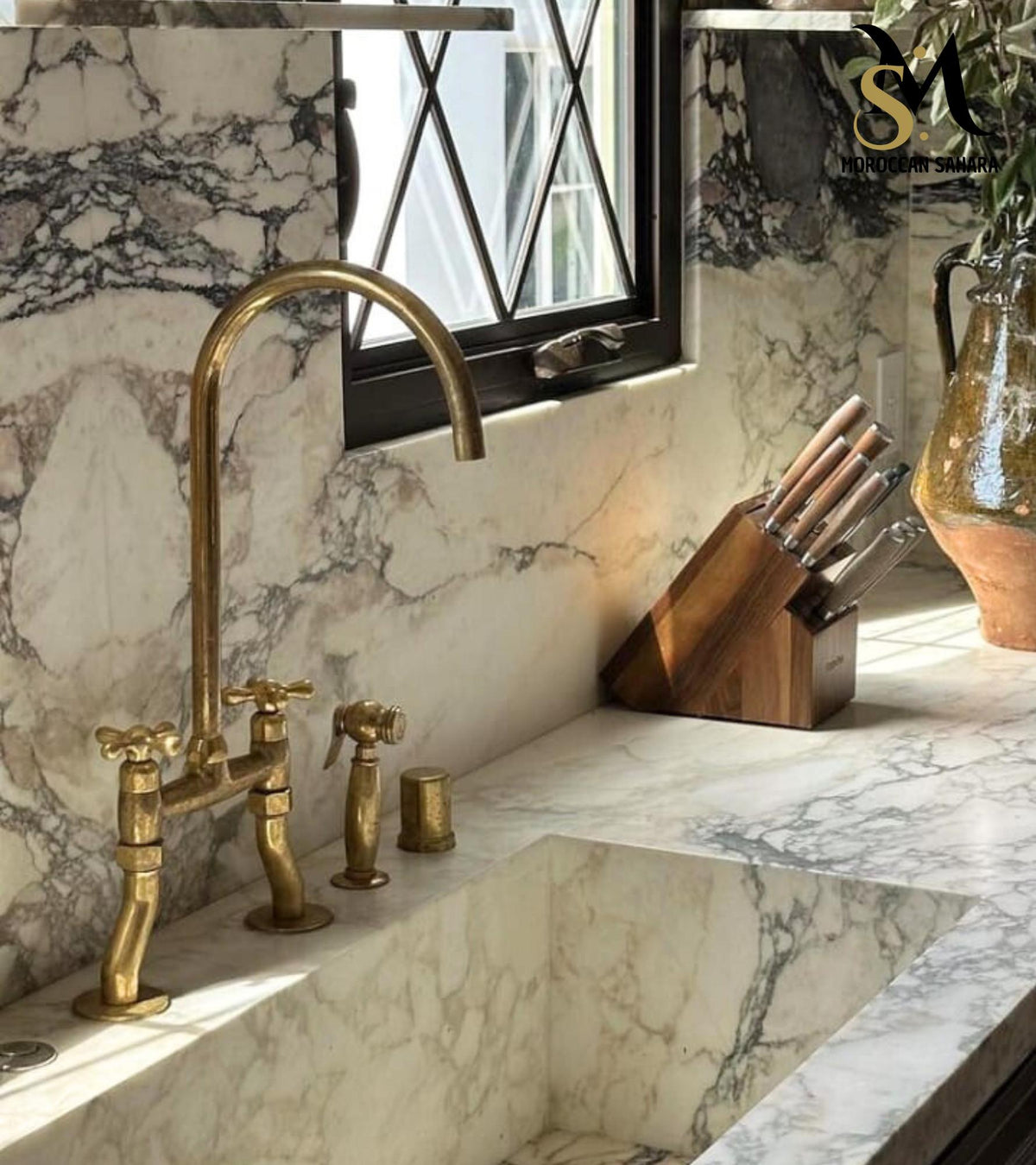 Unlacquered Solid Brass Kitchen Faucet: Double Handle Bridge Faucet