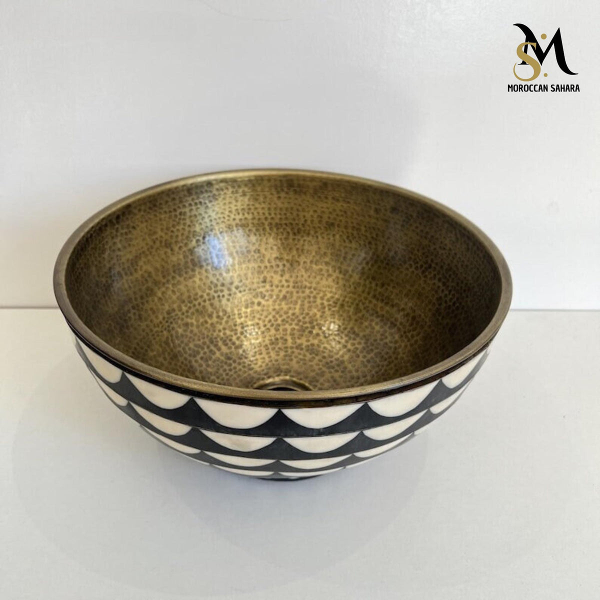 Handmade Moroccan Brass Vessel Sink: Black & White Resin Bathroom Bowl