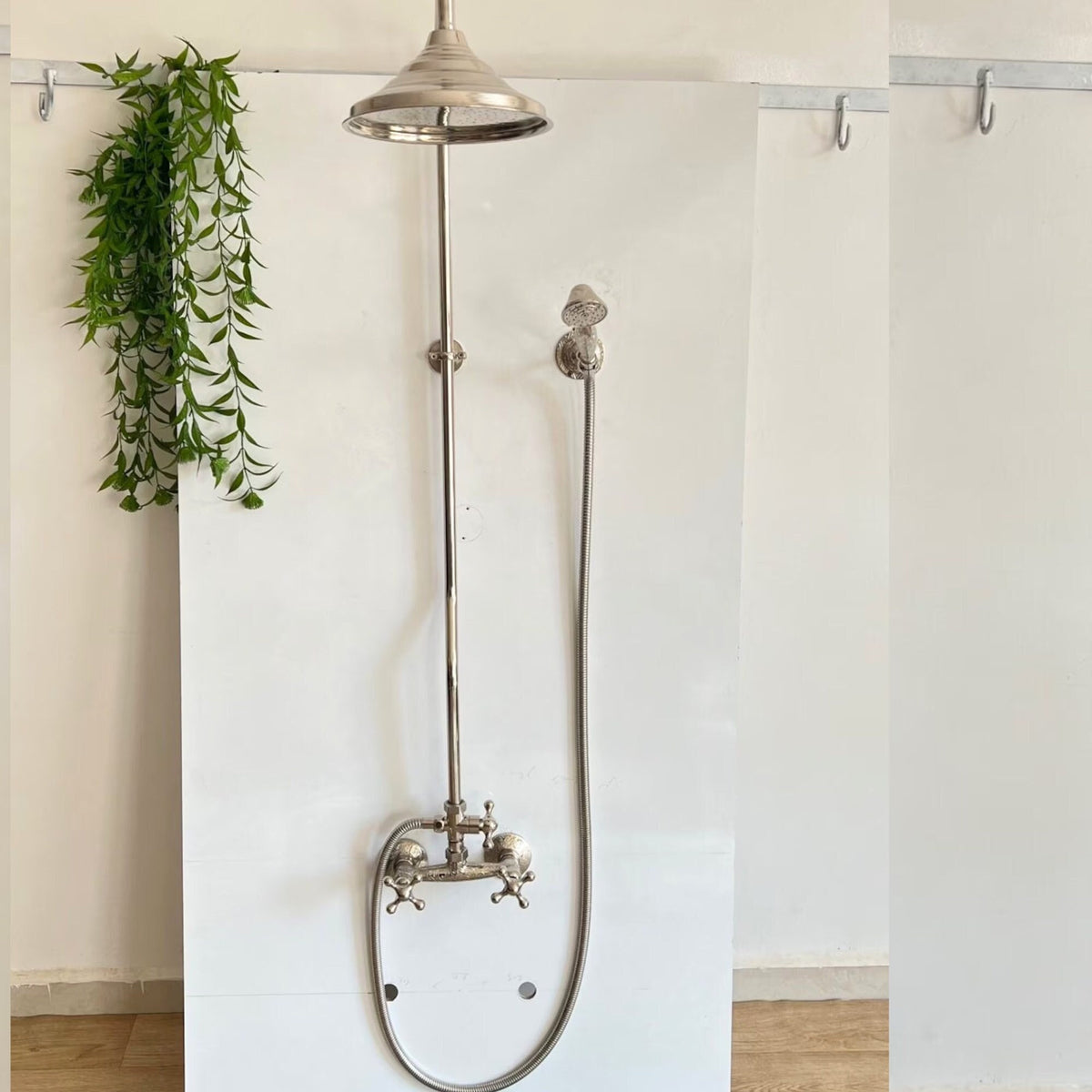 Contemporary Unlacquered Brass Shower System with High-Pressure Tub Filler and Matte Nickel Handheld Round Shower Head