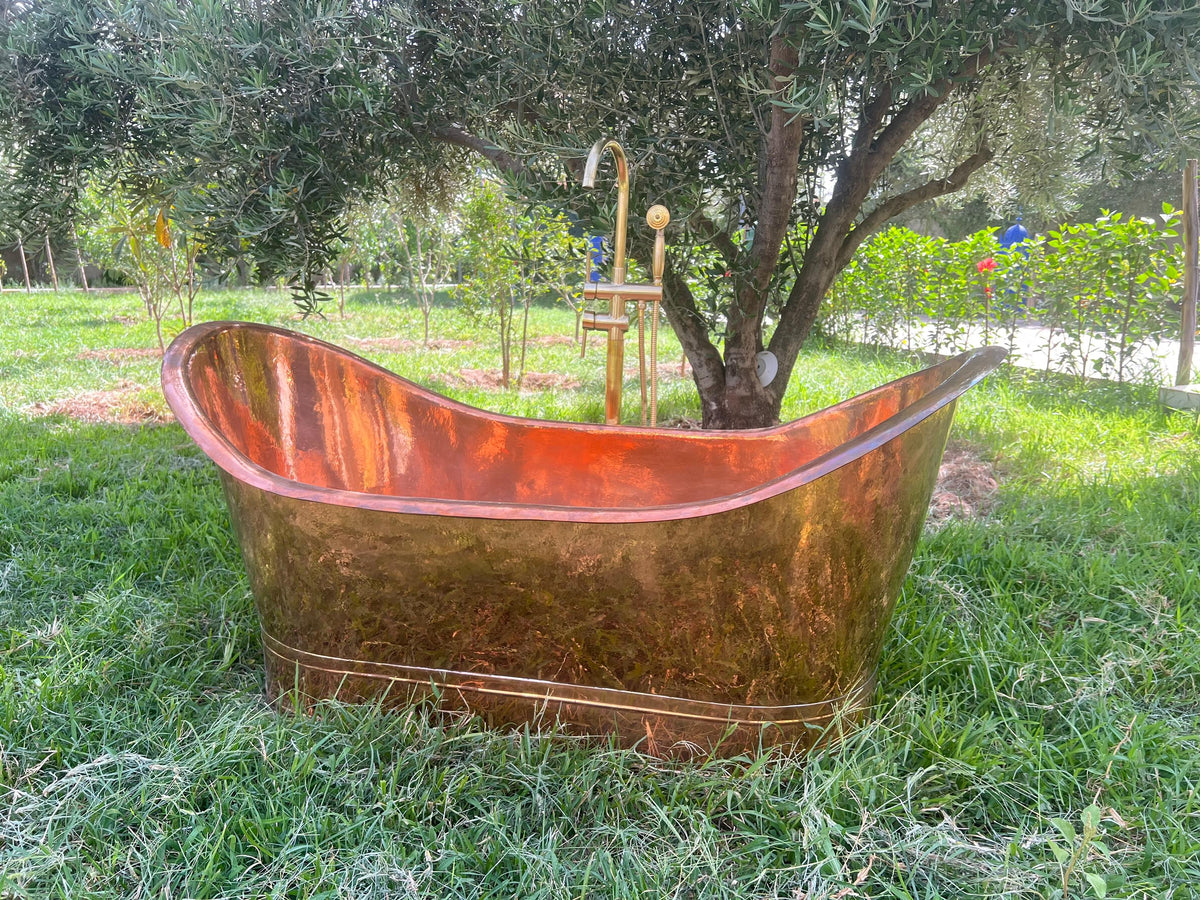 Antique Copper Freestanding Bathtub, Double Slipper Tub, Rustic Bathroom Luxury, Antique Real Copper Bathtub