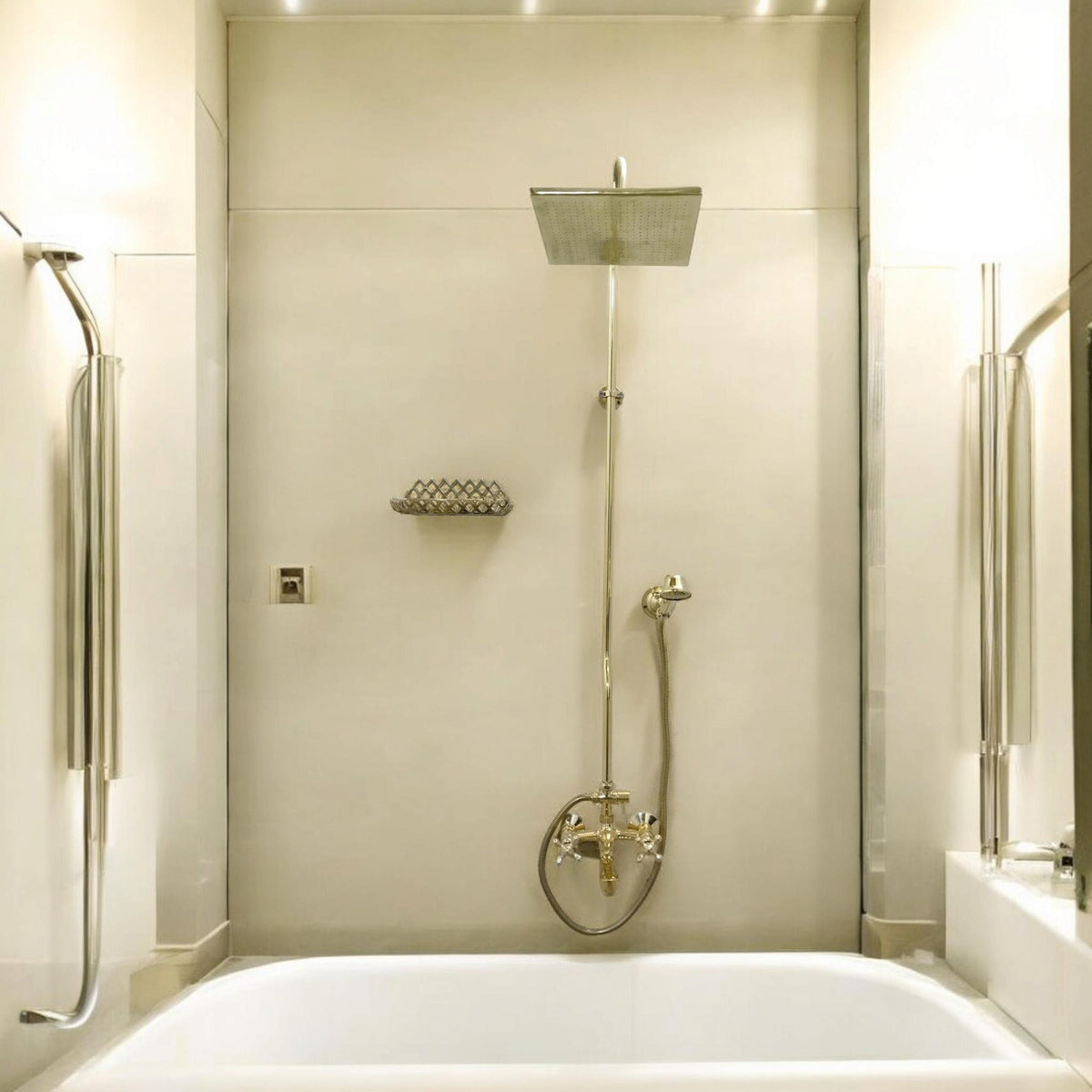 Unlacquered Brass Shower System: High-Pressure Square Head & Handheld Spray