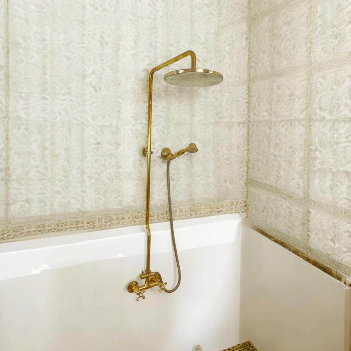 Unlacquered Brass Shower System, Handheld Spray, Round Shower Head