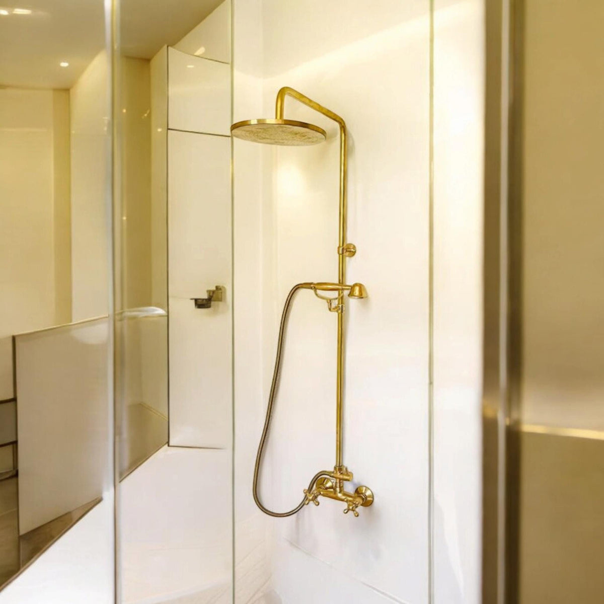 Unlacquered Brass Rainfall Shower System – Solid Brass with Handheld