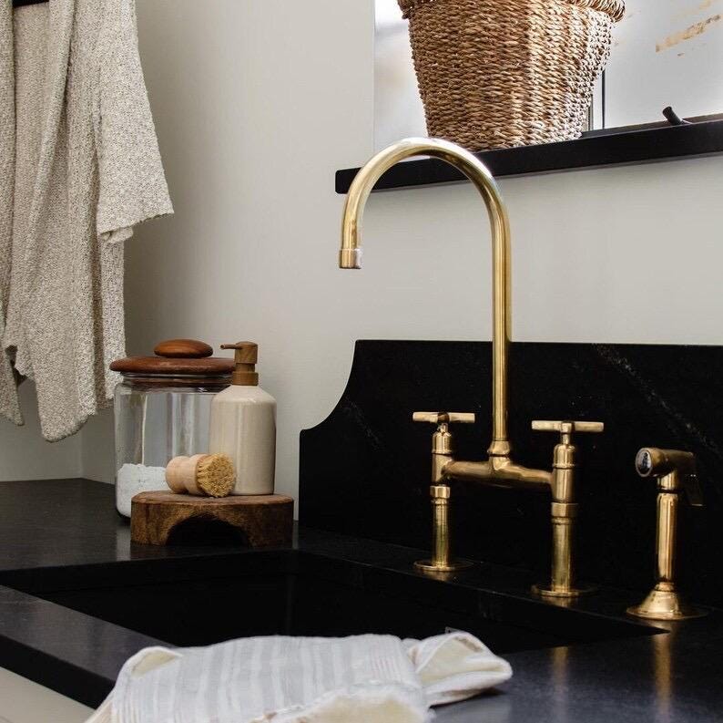 Unlacquered Brass Bridge Faucet With Linear Legs and Various Handles style - Kitchen Faucets